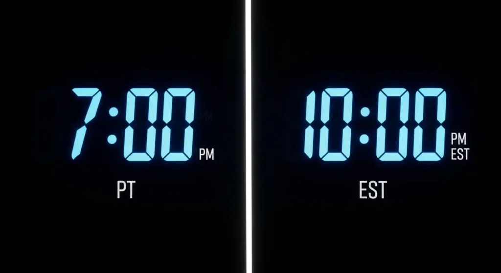 Digital clock showing 7pm PT next to 10pm EST on a split screen.