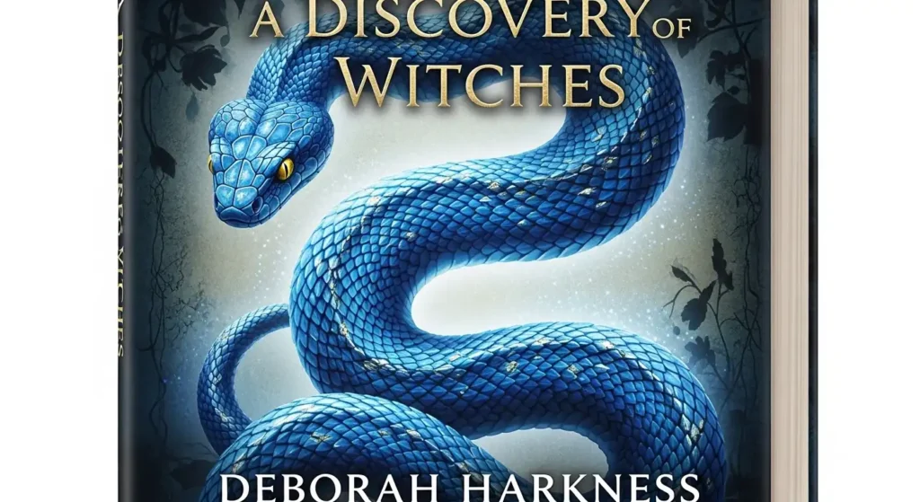 Close up of the book cover for A Discovery of Witches featuring a blue serpent.