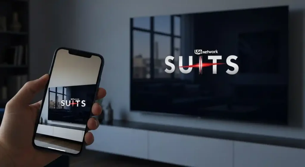 A smartphone screen mirroring the Suits TV show logo onto a large 4K smart TV.