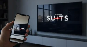 A smartphone screen mirroring the Suits TV show logo onto a large 4K smart TV.