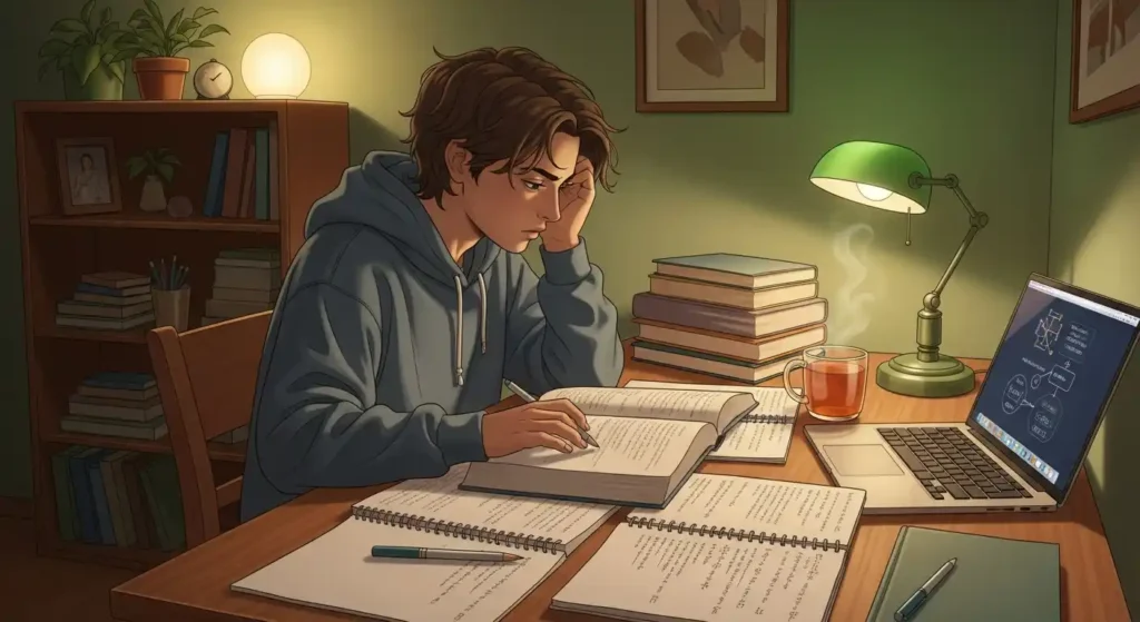 A student studying for standardized tests with books and a laptop on their desk.