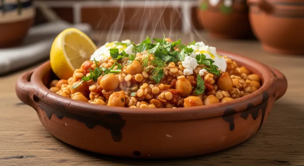 Kouskousi traditional Greek chickpea and pasta dish served in a clay bowl