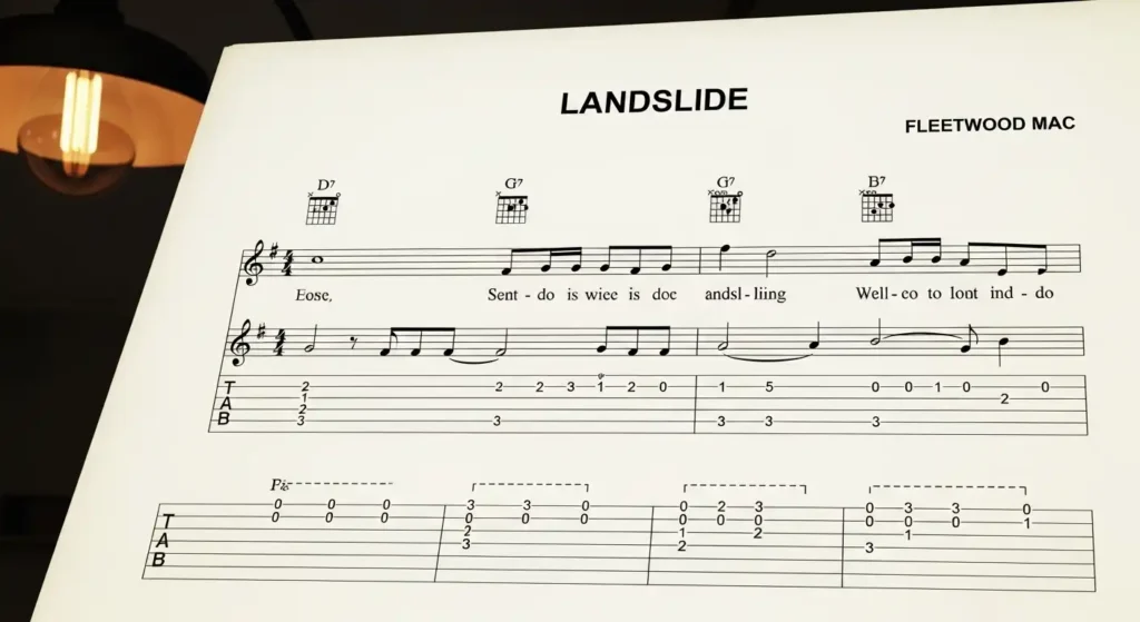 Sheet music for Landslide by Fleetwood Mac showing the fingerpicking pattern.