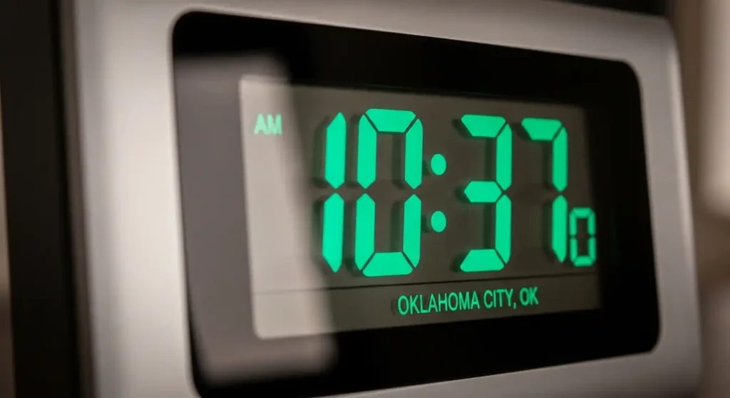 Digital clock showing current time in Oklahoma City.