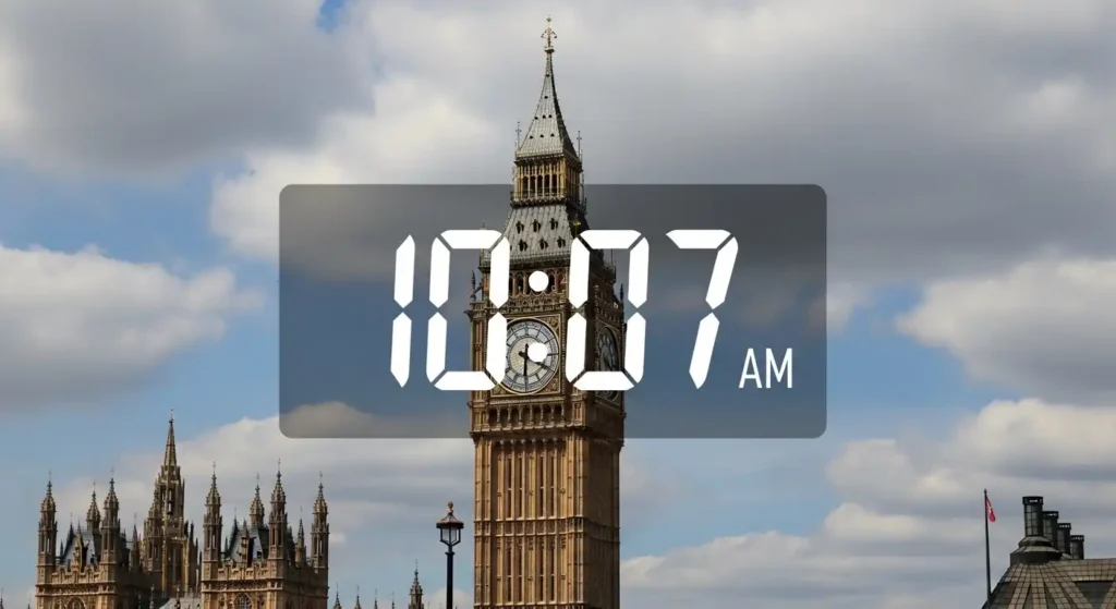 A digital clock showing the current time in London with a Big Ben background.
