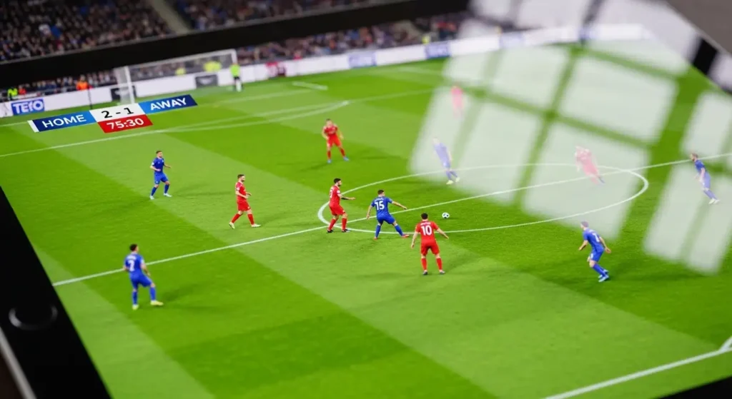 Close-up of a tablet showing a live football match with high-quality resolution.