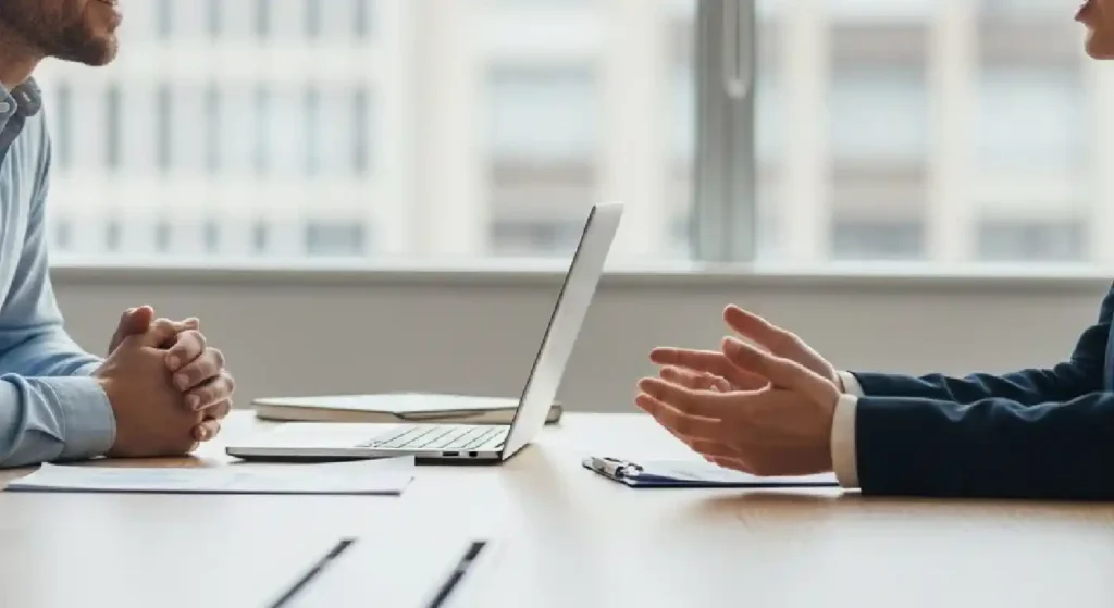 A manager listening attentively to a team member in a one-on-one meeting — servantful leadership in action
