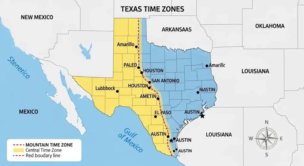 Map of Texas highlighting the Central Time Zone boundary