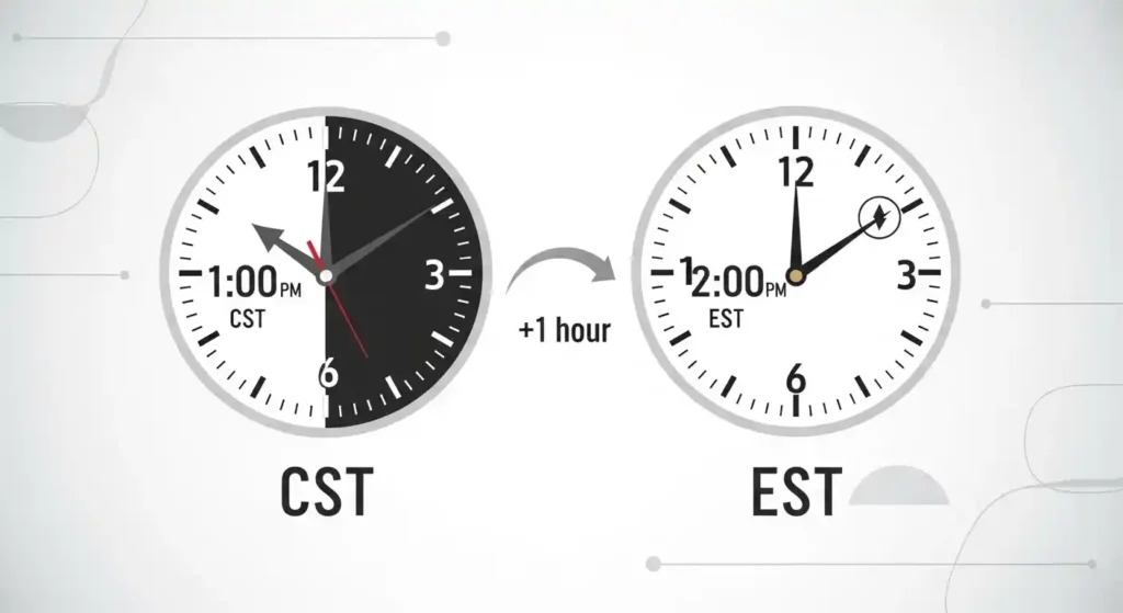 Infographic showing 1 PM CST converting to 2 PM EST on a clock face.