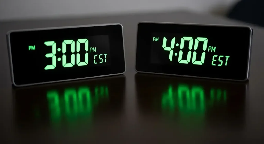 Digital clock showing 3 PM CST next to 4 PM EST.