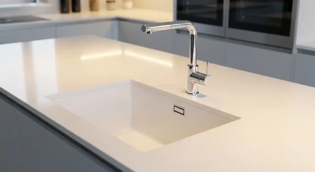 Seamless white Akrylika kitchen countertop with integrated sink.
