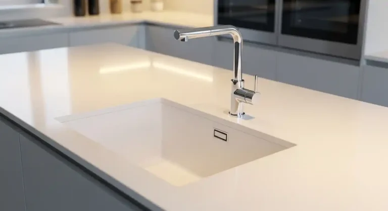 Seamless white Akrylika kitchen countertop with integrated sink.