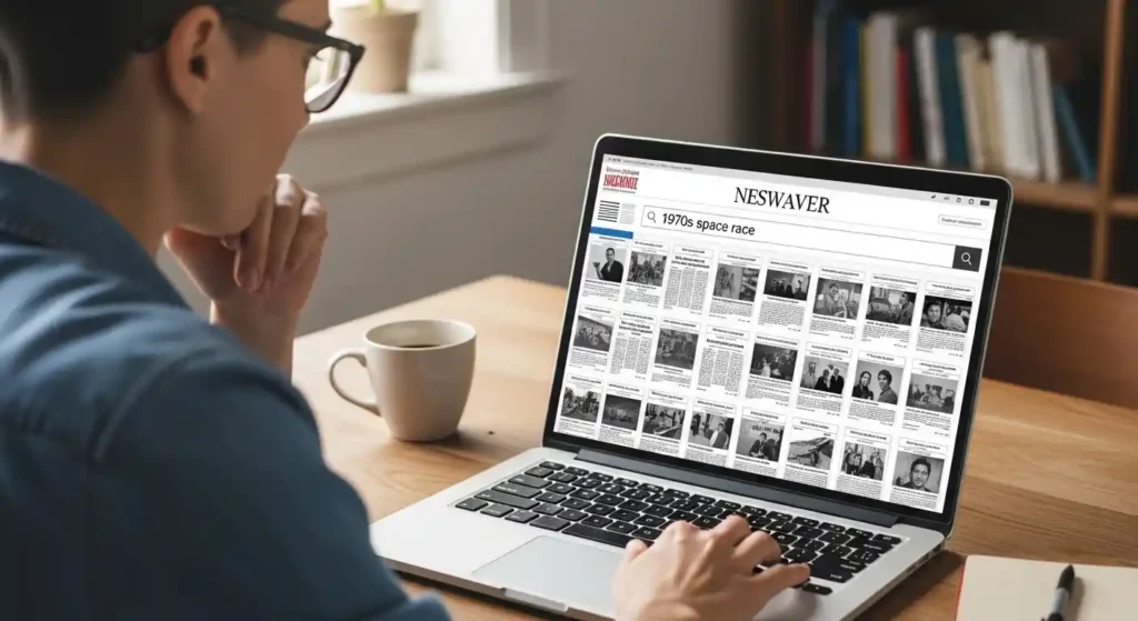 A person using a laptop to search through digital newspaper archives.