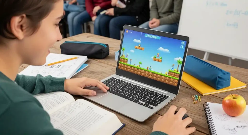 A student playing an unblocked game on a Chromebook during a brea
