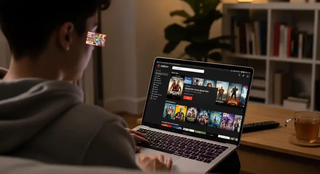 Person browsing a movie streaming interface on a laptop