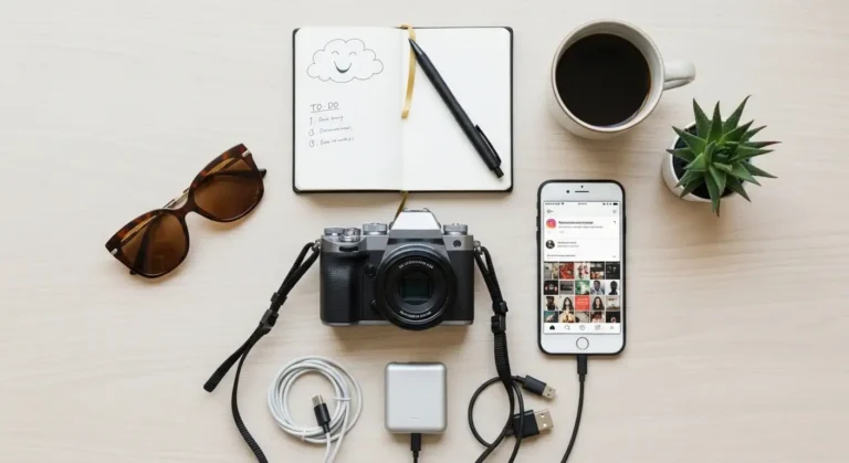 A flat lay of digital creator essentials including a camera, trendy sunglasses, and a smartphon