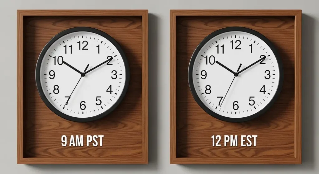 A side-by-side clock showing 9 AM PST and 12 PM EST.