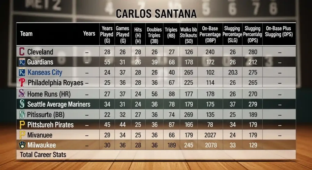 Comparison table showing Carlos Santana’s career stats across different MLB teams.