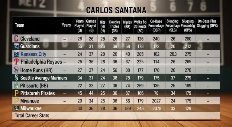 Comparison table showing Carlos Santana’s career stats across different MLB teams.