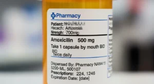Pharmacy label showing the bid medical abbreviation for a daily antibiotic