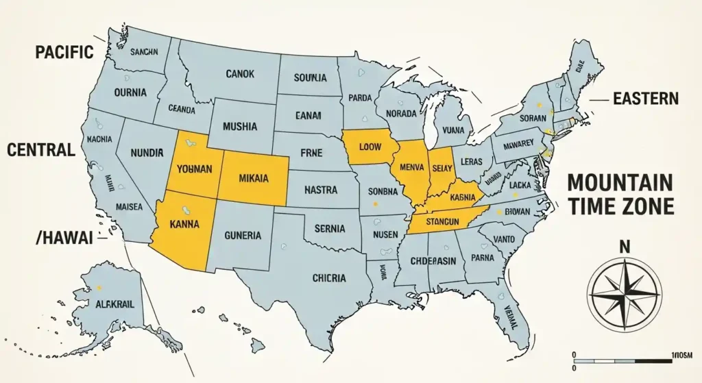 Map of the United States highlighting the Mountain Time Zone